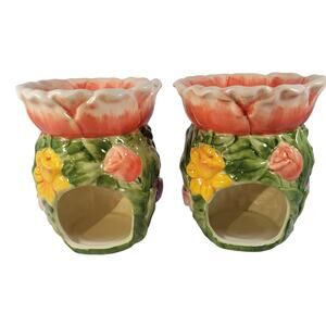 Yankee Candle Ceramic Flower Wax Melter Pair Tulip Rose Daffodil Floral Set of 2